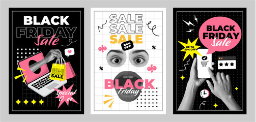 Fototapeta premium Black Friday Graphic Templates for Sale in Social Media Story. Contemporary banners with halftone elements. Hand with megaphone, phone, alarm clock and discount promotions. Collage art vector collage
