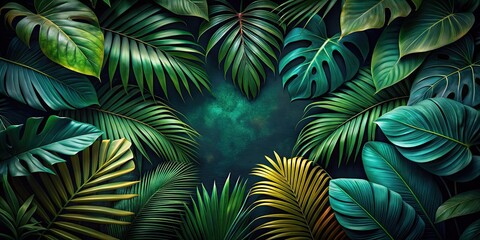 Dark jungle background with vibrant tropical leaves , nature, foliage, greenery, lush, exotic, vibrant, dark, tropical