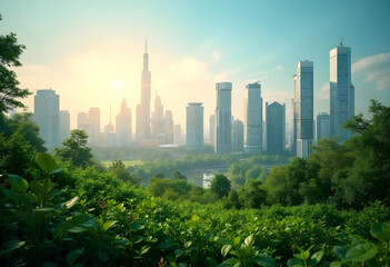 Fototapeta premium vibrant city skyline with modern skyscrapers surrounded by lush greenery, showcasing harmonious blend of nature and urban life. scene captures beauty of sunny day