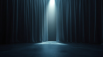 Spotlight on stage with closed dark curtains.