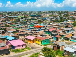 A vibrant aerial view of a densely populated informal settlement with colorful rooftops.