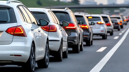 Traffic congestion during golden hour on a busy urban highway with city skyline in the background