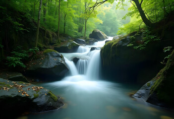 Obraz premium serene waterfall cascades over smooth rocks in lush green forest, creating tranquil atmosphere. mist adds mystical touch to natural beauty