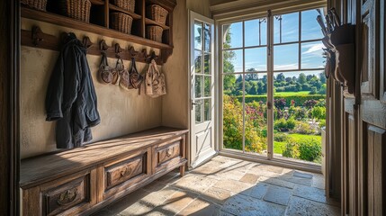 A charming French country mudroom featuring a wooden bench with storage cubbies above