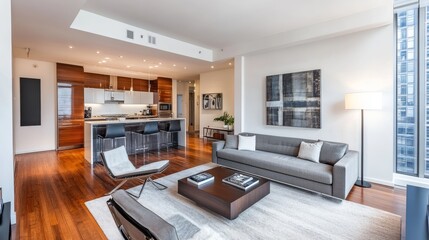 A modern apartment with a living room. It has a studio space and hardwood floors.