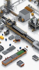 A realistic model showing stages of waste processing with large machines and conveyors