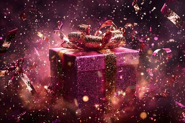 Glittering Gift Box Surrounded by Sparkling Confetti