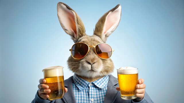 A cool Easter bunny enjoying a refreshing beer with sunglasses on, ready for a fun celebration during springtime festivities