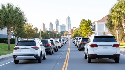 Golden hour enlivens Cary's cityscape as cars line both sides of the road, showcasing urban life against a distant skyline