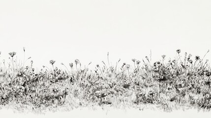 Obraz premium Hand-drawn meadow with wildflowers and open grassland evoking tranquility in black ink on a white background