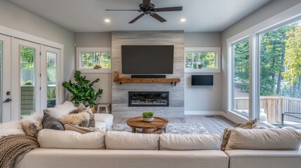 Fototapeta premium A modern home with a stylish living room featuring a comfortable couch and a TV.