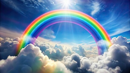 Abstract rainbow arching upwards in a space full of colors, surrounded by fluffy white clouds, rainbow, abstract,colorful