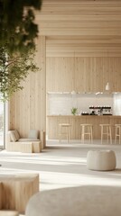A warm and inviting break area in a milk factory mockup promotes relaxation for employees