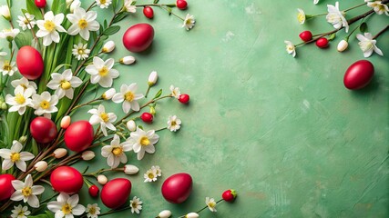 Obraz premium A vibrant arrangement of red Easter eggs and spring flowers for festive celebration