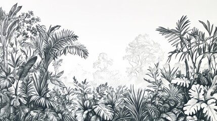 Hand-drawn rainforest with dense foliage and towering trees showing lush greenery in black ink on white