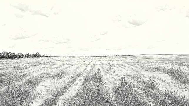 Hand-drawn prairie with open fields and a few scattered wildflowers evoking rural calm in black on white