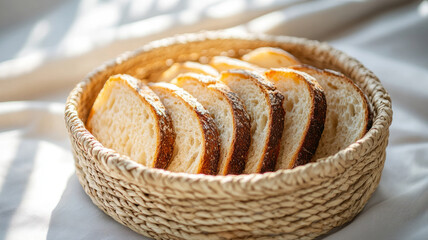 Slices of bread in a woven basket in sunlight