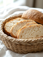 Slices of bread in a woven basket on a table.