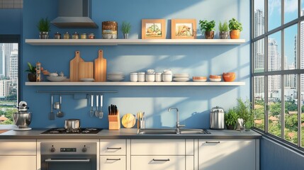 A modern kitchen with sleek cabinets, a sink, stove, and oven. It has shelves filled with dishes and decorations, and a big window overlooking the city skyline of Bangkok.