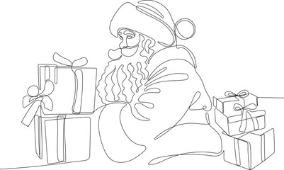 Outlined Cute Santa Claus Cartoon Character With A Sack Full Of Gifts. Vector Hand Drawn Illustration. One continuous line drawing Santa Claus on reindeer and sled. concept for Christmas and New Year