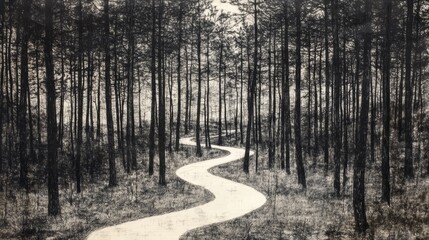 Obraz premium Hand-drawn woodland path winding through tall trees inviting peaceful exploration in black on white