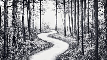 Fototapeta premium Hand-drawn woodland path winding through tall trees inviting peaceful exploration in black on white