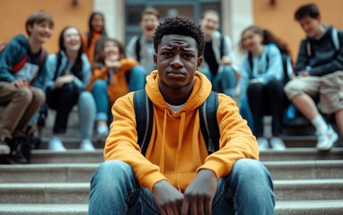 Obraz premium A powerful photorealistic depiction of a young Black male student sitting alone on school steps, tears in his eyes as he feels isolated and saddened. 