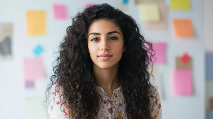 Obraz premium Kobieta, która jest utalentowaną projektantką graficzną. Jej długie, kręcone włosy delikatnie opadają na ramiona, a w jej oczach widać zaangażowanie w twórczość.