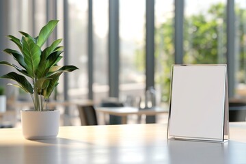 Fototapeta premium A table showcases a blank sign holder for text or promotion next to a potted plant, illuminated by natural light through large windows.