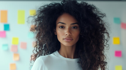 Fototapeta premium Kobieta, która jest utalentowaną projektantką graficzną. Jej długie, kręcone włosy delikatnie opadają na ramiona, a w jej oczach widać zaangażowanie w twórczość.