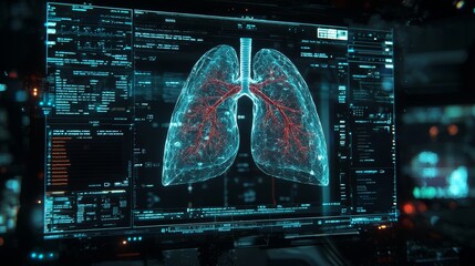 Transparent lungs hologram, futuristic medical data overlay