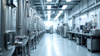 Large stainless steel tanks in a brewery or industrial facility, with high ceilings and fluorescent lighting.