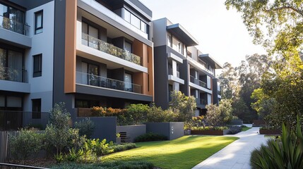 Modern urban apartment block with flat facade and featuring glass balconies and neutral tones