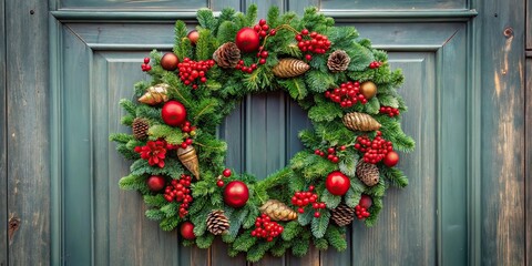 Fototapeta premium A festive Christmas wreath hanging on a door , holiday, decoration, winter, evergreen, ornaments