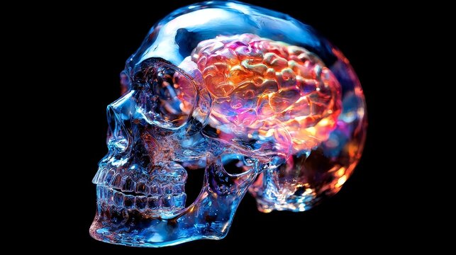Transparent skull, brain inside showing lobes and cortex in vibrant colors