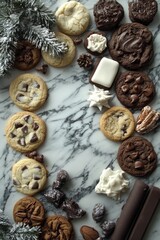 Fototapeta premium An enticing variety of freshly baked cookies displayed on marble, perfect for celebrating National Cookie Day with chocolate and classic flavors