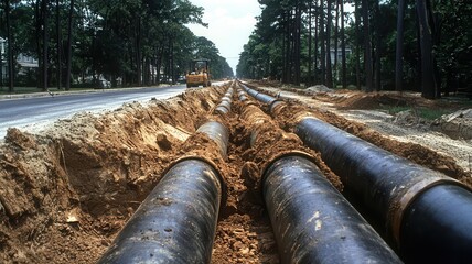Open trench with a long line of pipes being installed beside a road, road pipe laying work, illustrating largescale construction