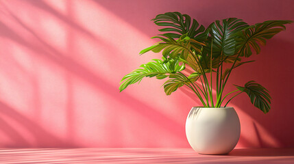 Obraz premium A vibrant monstera plant in a modern white pot against a pastel pink wall with sunlight casting soft shadows