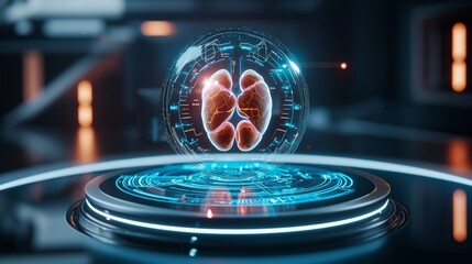 Ultra-modern healthcare assistant device with interactive 3D hologram showing organs and health stats, floating above device, futuristic clinic setting