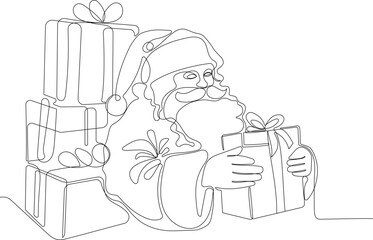 Outlined Cute Santa Claus Cartoon Character With A Sack Full Of Gifts. Vector Hand Drawn Illustration. One continuous line drawing Santa Claus on reindeer and sled. concept for Christmas and New Year