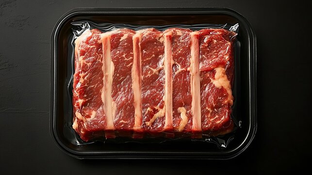 Fresh Packaged Beef Short Ribs on Black Background - Raw Meat Product