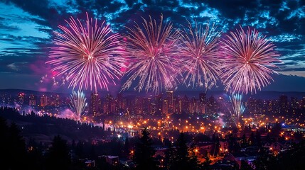 Spectacular Fireworks Display Over City Skyline at Night
