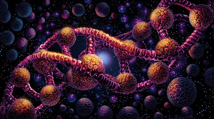 Obraz premium Vivid DNA helix with intricate twisting strands, symbolizing genetic modification of fruit, detailed molecular textures, futuristic scientific design