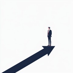 Fototapeta premium Man standing on an upward arrow, symbolizing growth and success.