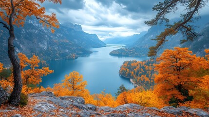 Stunning Autumn Mountain Lake Landscape with Vibrant Orange Trees