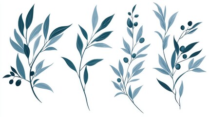 Elegant Botanical Illustrations in Soft Blue Tones