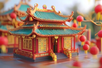 Fototapeta premium 3D three-dimensional style, Chinese New Year temple fair scene, no characters, C4D three-dimensional style, the overall picture is transparent and bright, fresh and bright colors, with generative ai