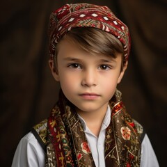 Fototapeta premium Bulgarian boy in traditional outfit with joyful smile against a colorful studio background