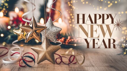 New Year celebration decorations with golden stars and festive ribbons.