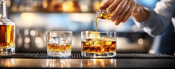 Obraz premium Bartender Pouring Whiskey On the Rocks.